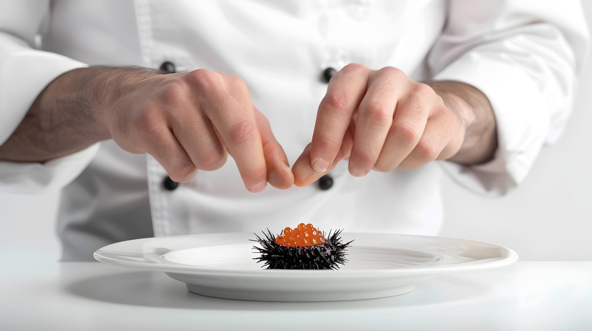 Chef preparing a modern plated dish with tech tools